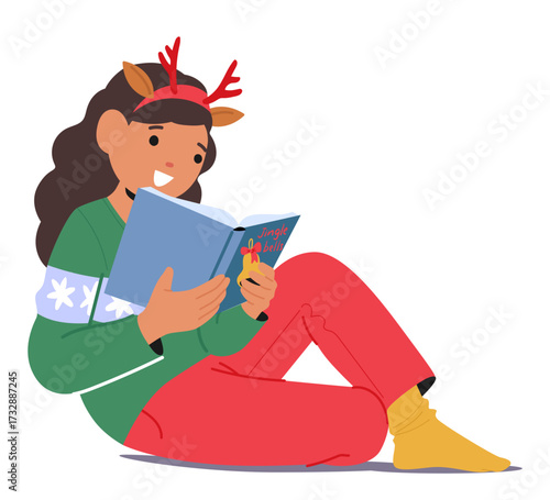 Cute girl child cartoon character wearing Christmas headband and warm clothes enjoying reading