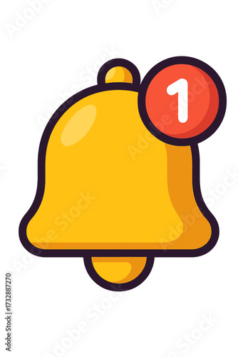Eye-catching golden notification bell icon with a bold red '1' badge, indicating a new unread alert. Perfect for digital communication, app notifications, and web UI/UX, ensuring timely reminders and