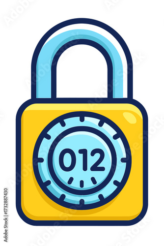 Vibrant yellow & blue digital padlock icon, '012' on combination dial, glowing blue on dark. Modern security symbol for robust data protection, secure access, password management, encryption, cybersec