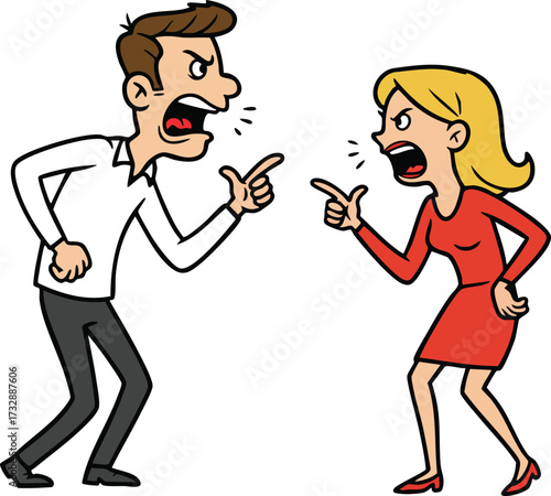 Man and woman arguing in heated discussion conflict illustration with expressive gestures and emotions 