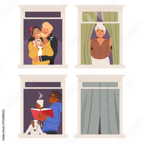 People looking out of opened window and curtained frame hidden from outdoor view isolated set