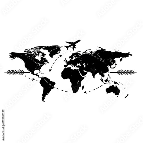 Global travel illustration with airplane, world map, arrows, dotted path