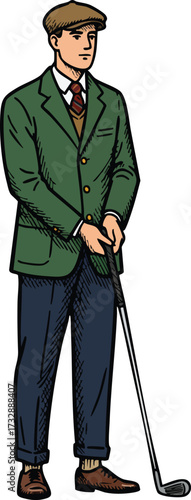 Man in vintage outfit playing golf with club and cap in classic style illustration 