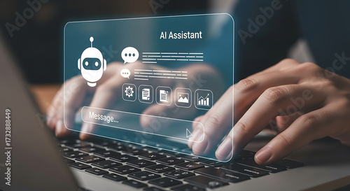 Person typing on a laptop interacting with an ai assistant chatbot interface.