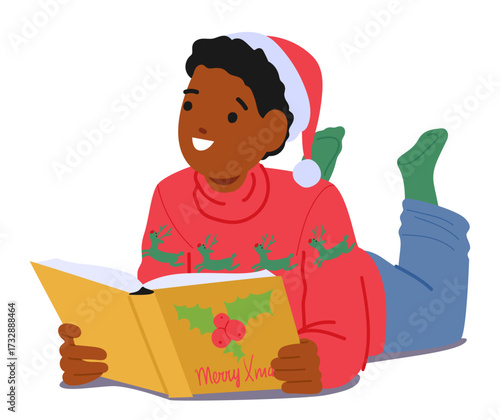 Little school boy child cartoon character wearing red Santa hat and Christmas sweater reading