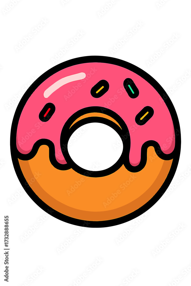 Fototapeta premium Delicious Cartoon Donut Vector Graphic: Pink Icing, Vibrant Sprinkles, Golden Dough. Perfect for Bakery, Dessert, Food Art, Sweet Treat Promotions, Digital Media & Menu Designs. Yummy & Irresistible C