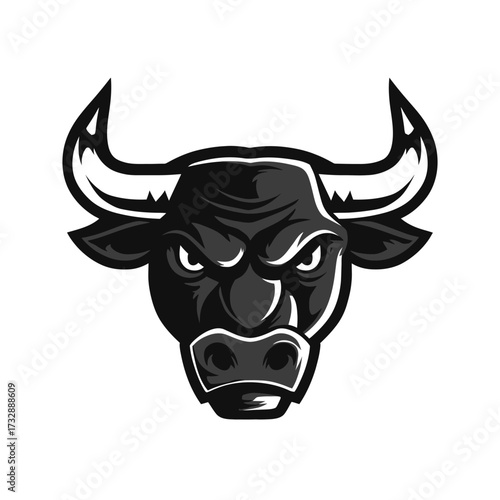 Fierce monochrome bull head illustration with sharp horns and intense stare
