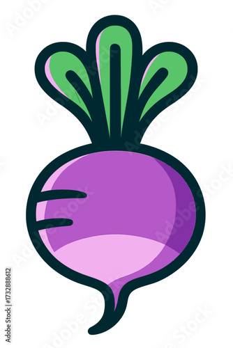 Vibrant purple root vegetable icon with crisp green leaves, a modern minimalist illustration perfect for digital designs, culinary themes, healthy eating blogs, garden projects, organic food promotion
