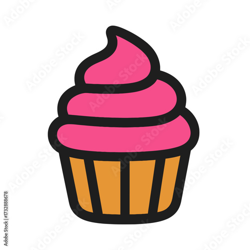 Cute cartoon cupcake illustration with a vibrant pink frosting swirl and a cheerful orange wrapper, ideal for bakery branding, party invitations, dessert menus, sweet treat visuals, digital designs, a