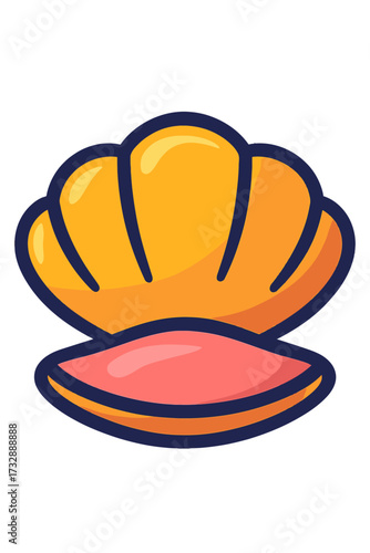 Vibrant open seashell vector icon with gleaming golden-orange top and a soft coral-pink bottom, meticulously outlined in deep navy blue. An ideal marine asset for ocean, beach, summer themes, and capt