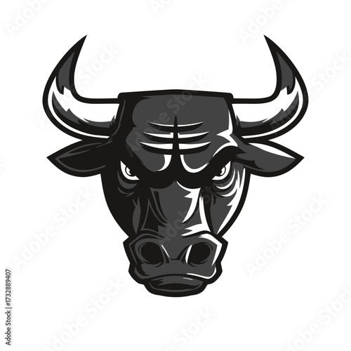 Monochrome bull head facing front with an aggressive expression
