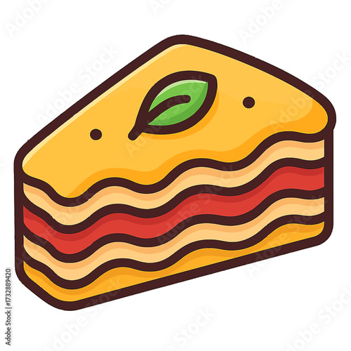 Stylized cartoon graphic featuring a delectable, perfectly layered slice of Italian lasagna, highlighting golden pasta and savory red sauce, elegantly garnished with a fresh green basil leaf and subtl