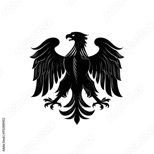Emblem of a spread-winged, black eagle with intricate feather details on white back