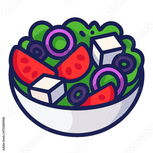 Vibrant Greek Salad Icon: Fresh lettuce, ripe tomatoes, creamy feta, dark olives, red onions in a clean bowl. Stylized healthy Mediterranean food illustration on dark background for menus, apps, and d