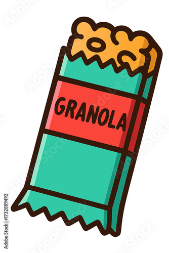 Vibrant and appealing cartoon illustration of a wholesome, healthy granola bar, partially unwrapped to reveal its textured goodness, featuring a bold 'GRANOLA' label. This delightful snack is perfect