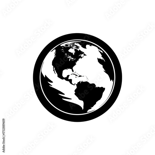 Globe illustration, showing continents in black & surrounding circle outline