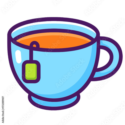 Vibrant minimalist cartoon icon of a steaming light blue ceramic teacup filled with rich orange brew, featuring a distinctive green tea bag, set against a deep purple gradient, ideal for web, UI, and