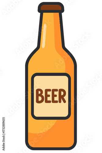Vibrant cartoon illustration of a classic amber beer bottle with a minimalist label displaying 'BEER' in bold brown text, set against a smooth gray gradient background, perfect for digital projects, g