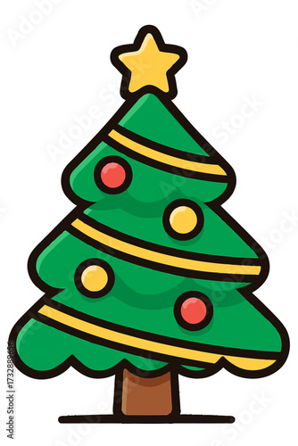 Wallpaper Mural Charming Flat Design Christmas Tree Illustration with Golden Star Topper and Festive Red & Yellow Ornaments on a Dark Green Background. A Simple Vector Icon for Holiday Celebrations, Winter Joy, and S Torontodigital.ca