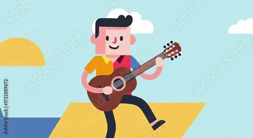 Animation Happy Man Playing a Guitar Outdoors Illustration