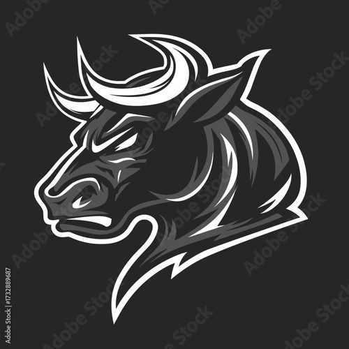 Grayscale bull head with sharp horns and an intense glare on black background