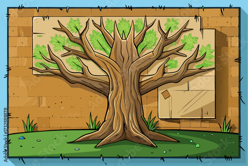 vector of Draw a big tree trunk on brown cardboard and stick it on the wall. A group craft for school that is an interesting idea for grades.