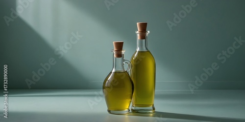 Wallpaper Mural Botellas de cristal con aceite de oliva sobre fondo verde suave, iluminación natural y estilo minimalista mediterráneo Torontodigital.ca