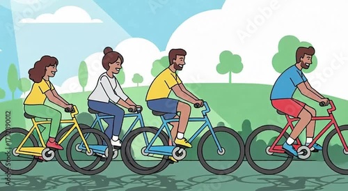 Diverse Group of Friends Cycling in a Park Illustration