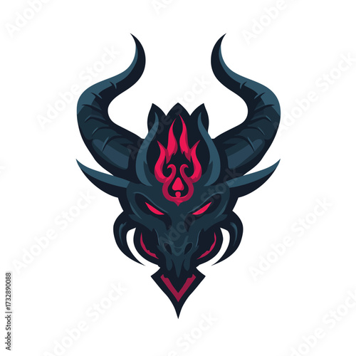 Stylized demon head with horns and fire pattern