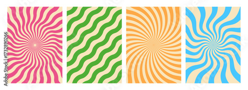 Groovy background pattern. Retro, wavy and swirling lines in groovy colors create a 70s optical illusion pattern. Abstract, psychedelic vector art. Modern, dynamic, and creative illustration