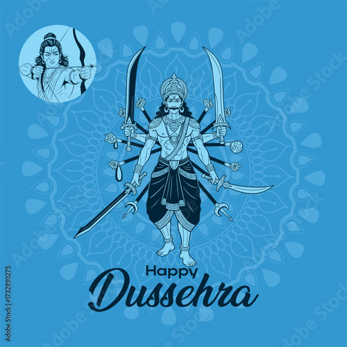 Powerful multi-armed warrior figure holding swords and weapons on a blue mandala background, representing the triumph of good on Happy Dussehra festival.