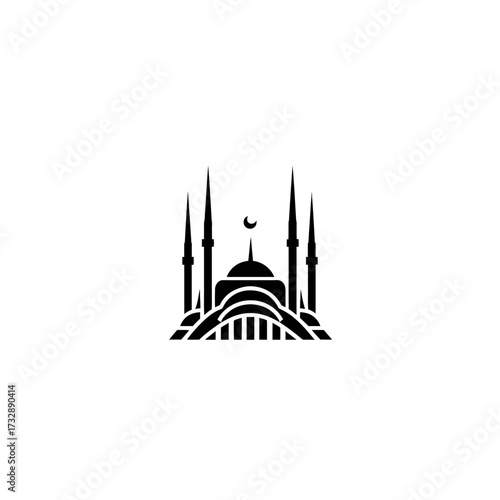 Black silhouette illustration of a mosque with minarets and crescent