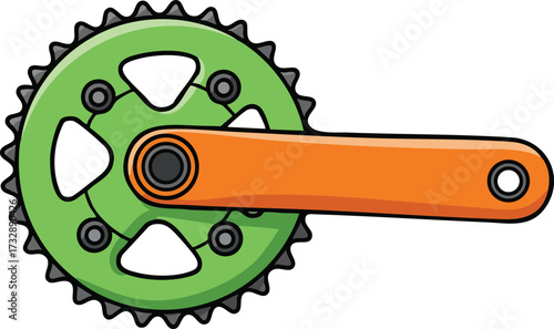 Bicycle crankset with green chainring and orange crank arm mechanical cycling part vector illustration 