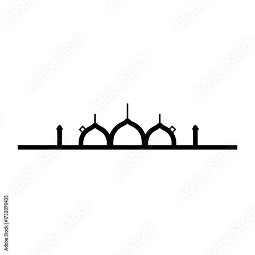 Silhouette of a mosque domes and minarets on a horizontal line, black on white