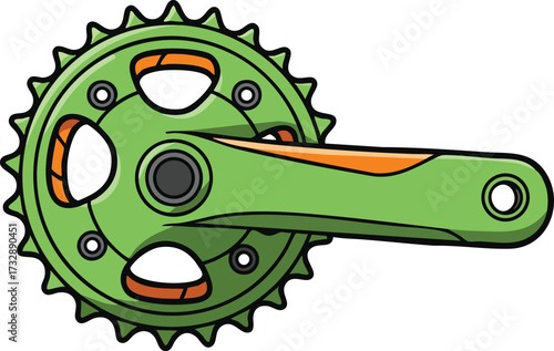 Bicycle crankset with green and orange colors detailed vector illustration for cycling equipment design and mechanical parts 