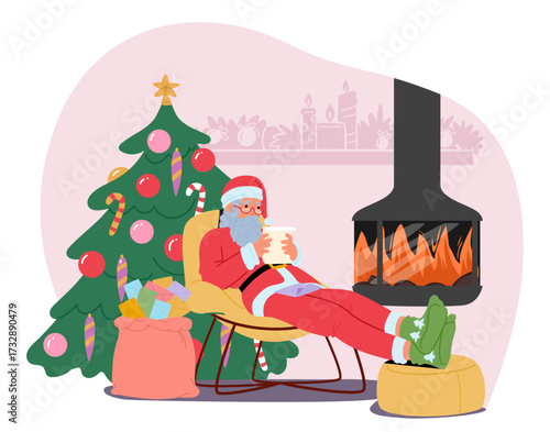 Relaxed Santa Claus reading paper wish lists and letters from children while resting on armchair