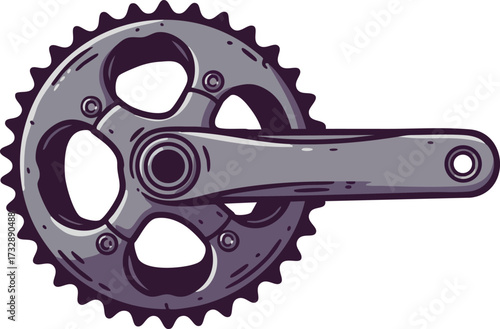 Bicycle crankset gear component vector illustration in grey tones detailed mechanical part design 