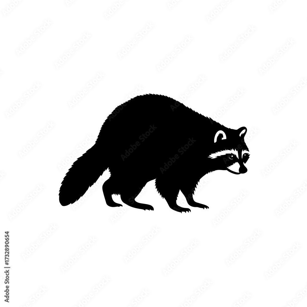 Fototapeta premium Silhouette of a raccoon, a mammal with a striped tail and a mask-like face