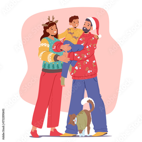 Father, mother and son wearing cute warm Christmas sweaters and festive headwear standing together
