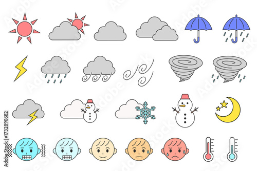 天気、気温、温度、晴れ、雨、曇り、雷、雪などのセット（カラー）
