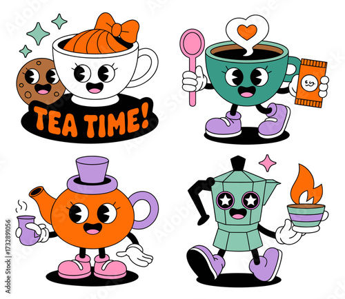 A collection of four groovy retro cartoon characters, including a teacup, coffee mug, teapot, and moka pot, designed as playful stickers.