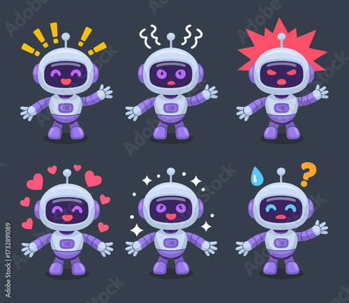 Six cute cartoon robots displaying various emotions like surprise, confusion, anger, love, happiness, and sadness.