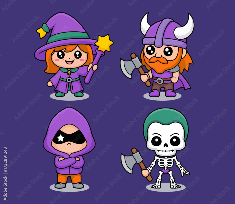 Fototapeta premium Four cute cartoon characters in a purple background: a witch, a viking, a thief, and a skeleton warrior.