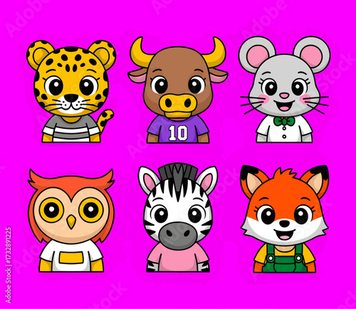Adorable cartoon animal portraits, featuring a leopard, bull, mouse, owl, zebra, and fox, all smiling.