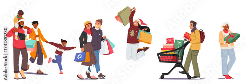 Excited people customers diverse cartoon characters enjoying Christmas shopping isolated set