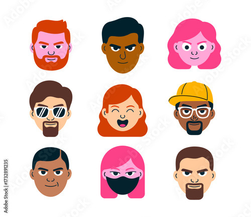 Collection of diverse cartoon faces with various expressions and skin tones.