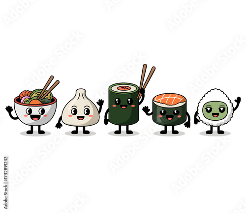 A cute collection of kawaii Japanese food characters, including ramen, gyoza, sushi, and onigiri, waving happily.