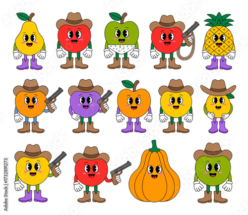 Cartoon fruits dressed as cowboys with hats and boots.