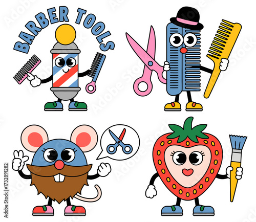 A collection of four retro cartoon mascot characters related to barbering and grooming, featuring a barber pole, scissors, a bearded mouse, and a strawberry.