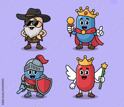 A collection of four cute cartoon capsule characters dressed as a cowboy, king, knight, and fairy queen.